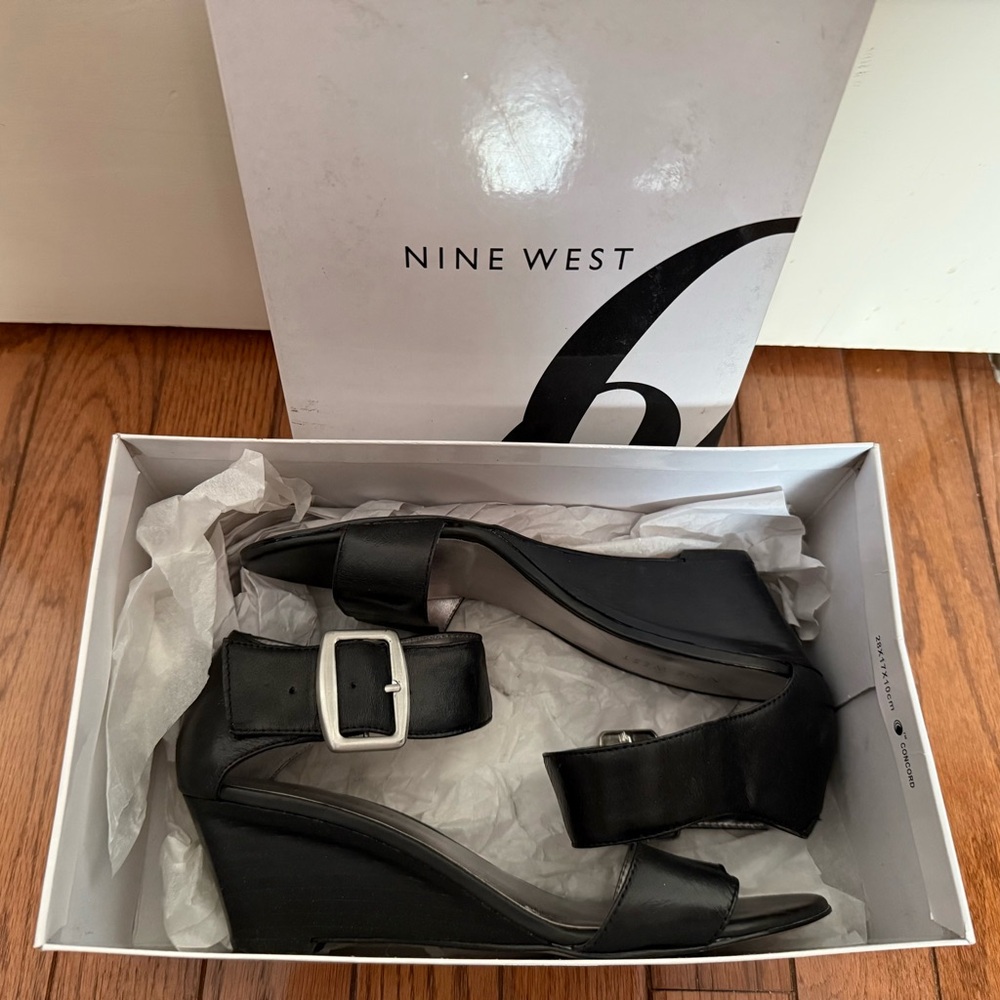 Nine West Black Leather Wedge Sandals with Buckle Accent